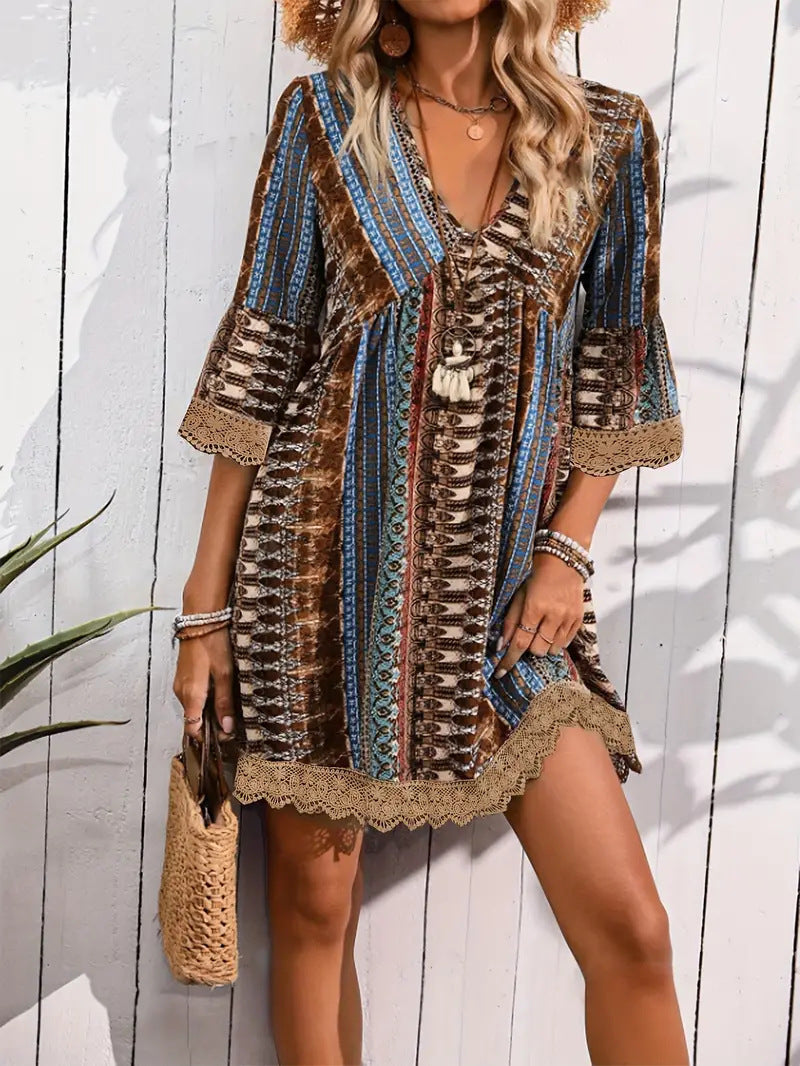 Bohemian Style V-neck Printed Casual Loose Dress - Swefashionstore