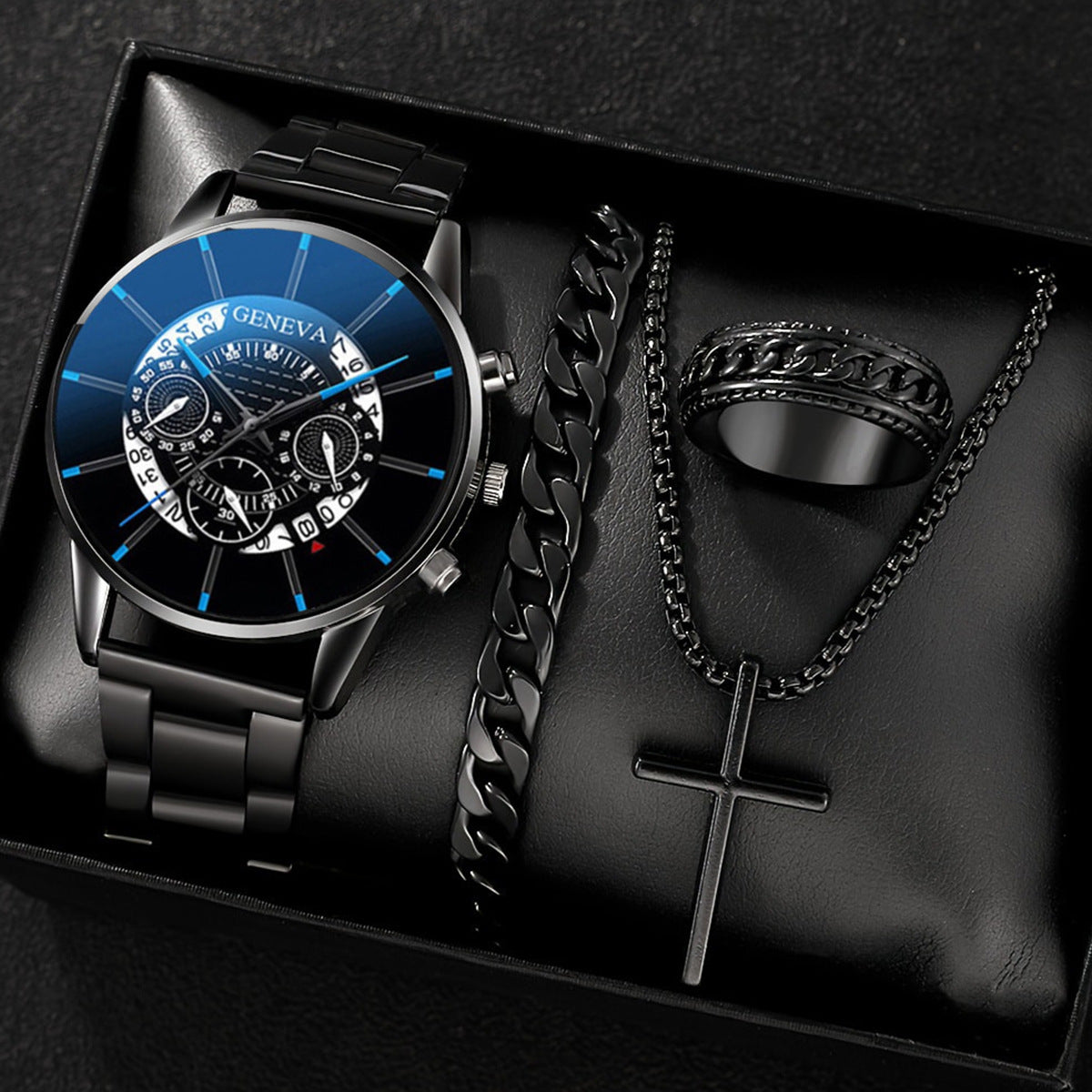 Men's temperament business watch with bracelet, necklace, and ring set in black and blue tones.