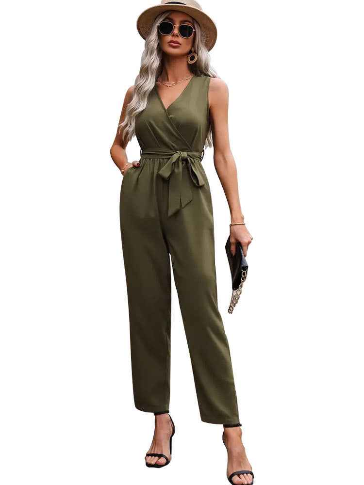 Elegant Lace-Up Jumpsuit with Sleeveless Design and Waistline Detail for Effortless Style - Swefashionstore