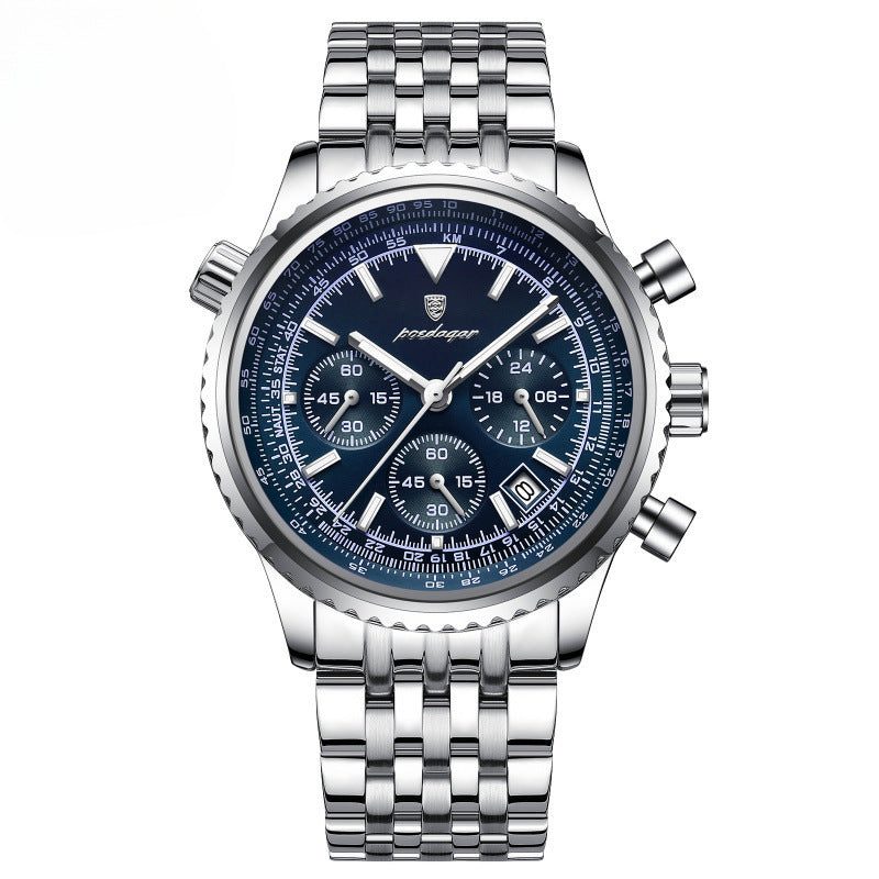 Men's waterproof multi-function timing watch with silver case and blue dial, stainless steel strap.