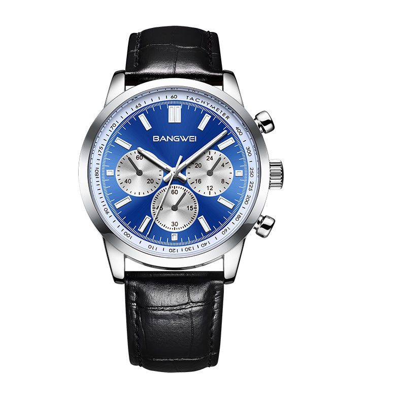 Multifunctional waterproof luminous watch with blue dial and black leather strap.