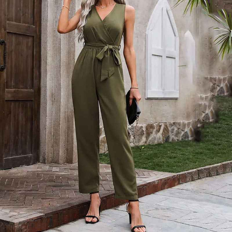 Elegant Lace-Up Jumpsuit with Sleeveless Design and Waistline Detail for Effortless Style - Swefashionstore