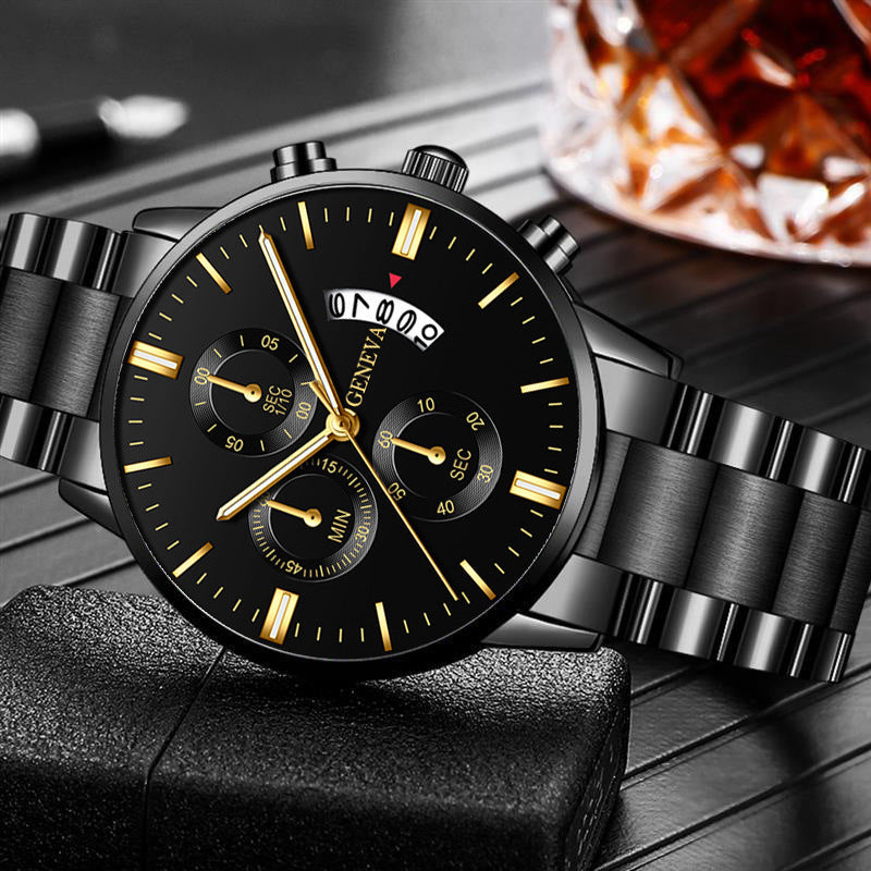 Silver black Calendar Steel Watch with a casual design, featuring a quartz movement and spiral crown.