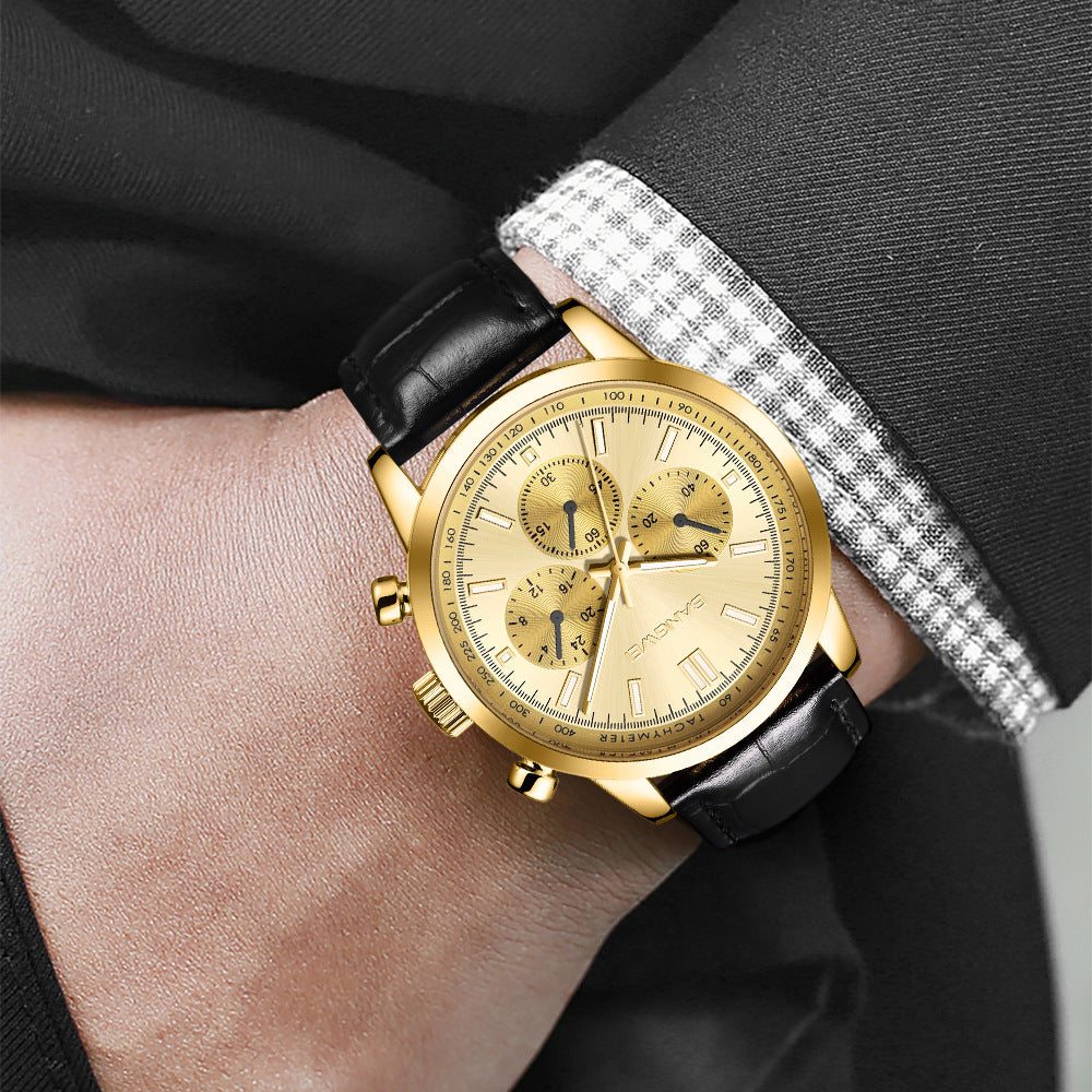 Multifunctional waterproof luminous watch with a black leather strap and gold dial displaying chronograph features.