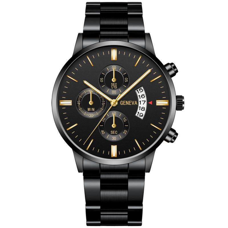 Silver and black calendar steel watch with quartz movement and mineral glass.