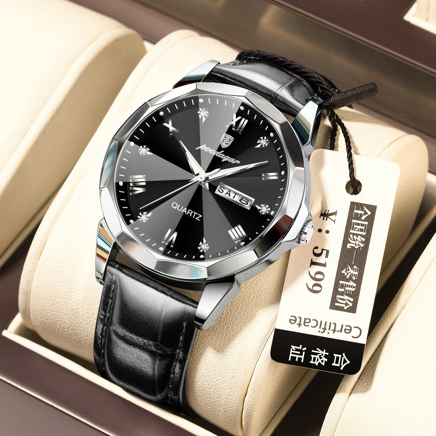 Men's waterproof luminous fashion quartz watch with black dial and leather strap.