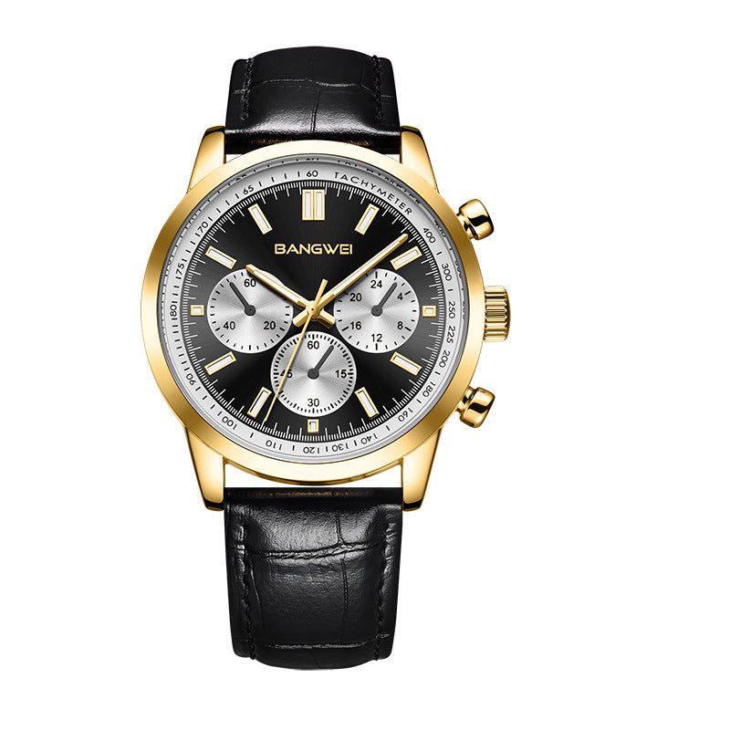 Multifunctional waterproof luminous sports watch with gold case and black leather strap.