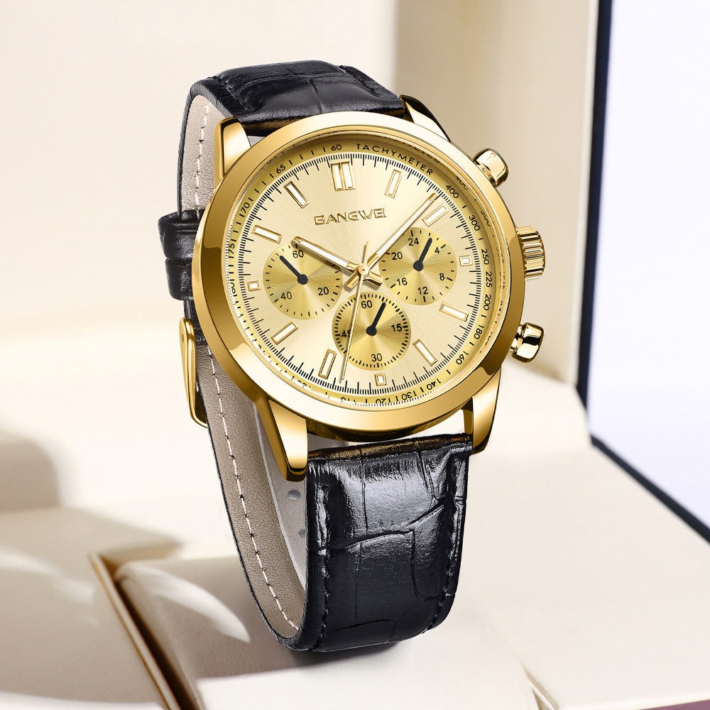Multifunctional waterproof luminous watch with gold dial and black leather strap.