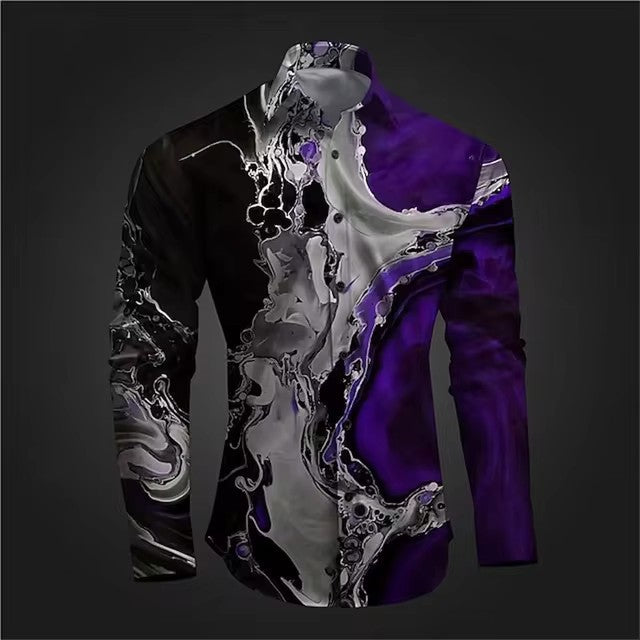 Fashion casual vintage long sleeve shirt with abstract pattern and slim fit design.