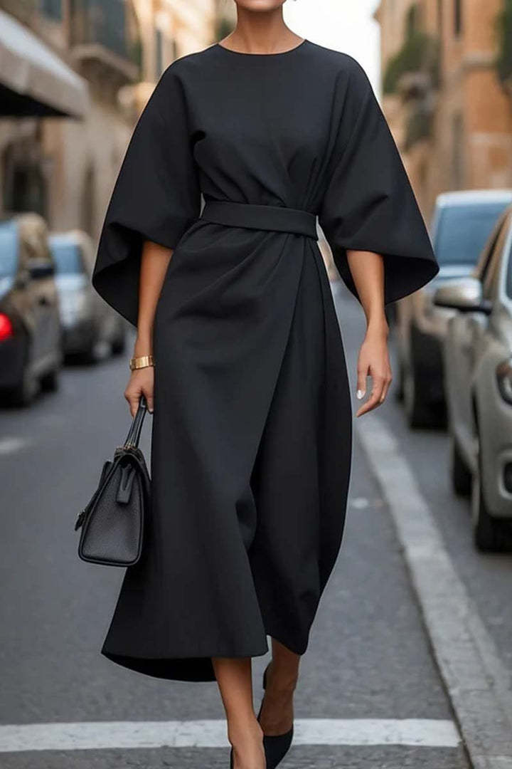 Loose batwing sleeve dress fashion with stylish belt, black color, comfortable polyester fabric.