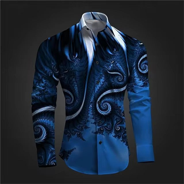Fashion casual vintage long sleeve shirt, blue, slim fit, cotton fabric.