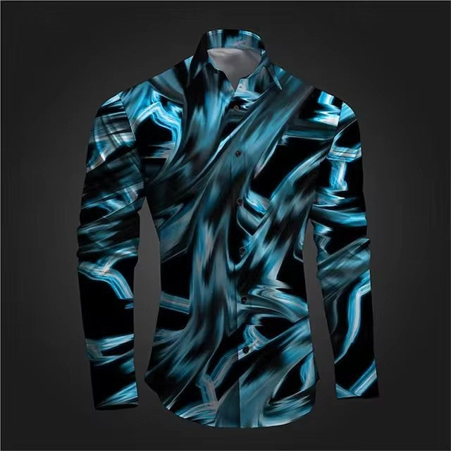 Fashion casual vintage long sleeve shirt, black and blue pattern, slim fit cardigan.