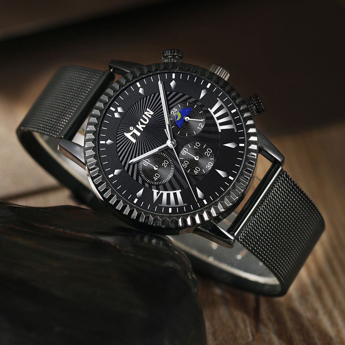 New Fashion Casual Sports Watch with black stainless steel band on wooden surface.