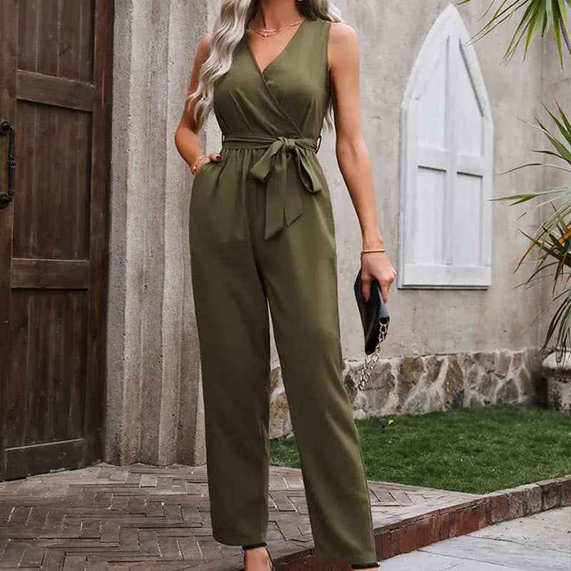 Elegant Lace-Up Jumpsuit with Sleeveless Design and Waistline Detail for Effortless Style - Swefashionstore