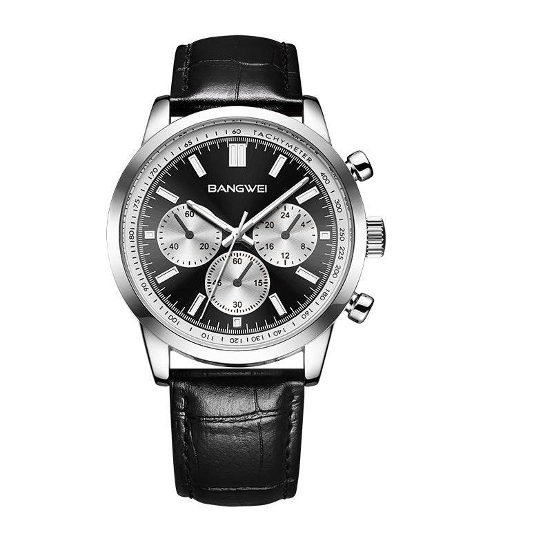 Multifunctional waterproof luminous watch with a black dial, stainless steel strap, and mineral glass mirror.