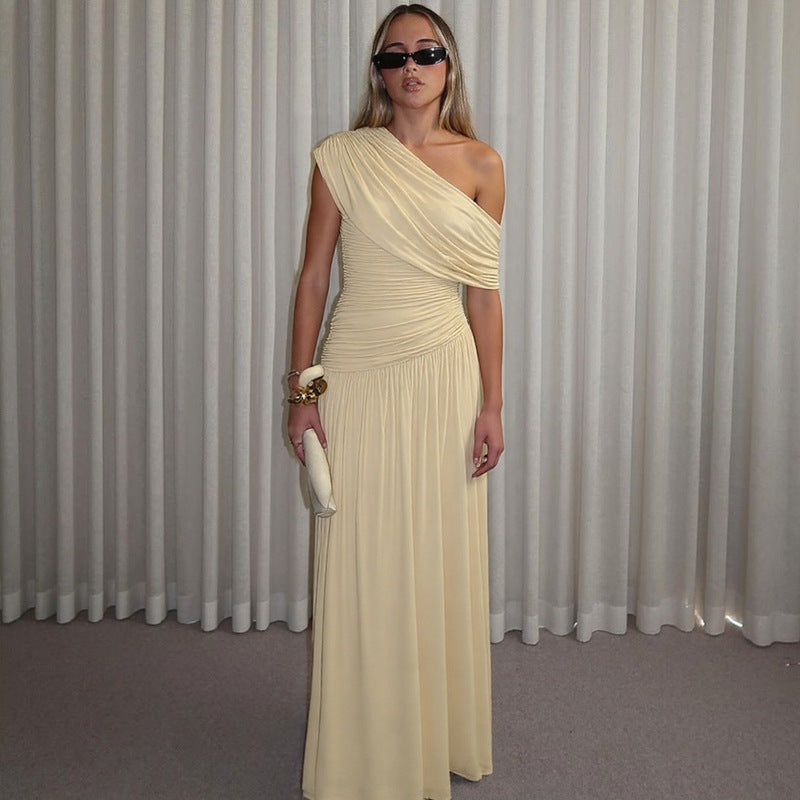 Fashion Sexy Diagonal Collar Pleated Irregular Solid Color Dress - Swefashionstore