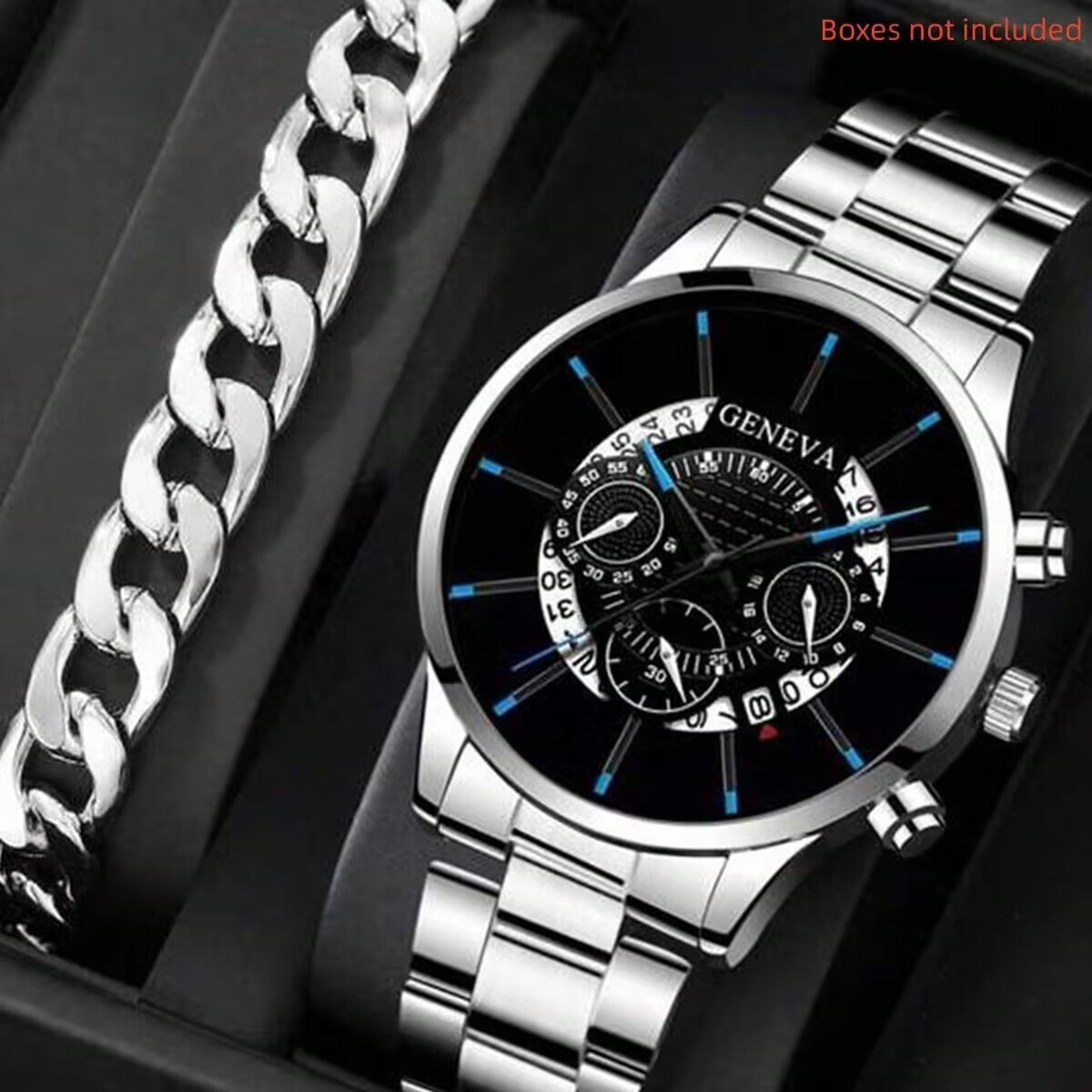 Silver 'Calendar Steel Watch' with black dial and silver bracelet displayed in packaging.