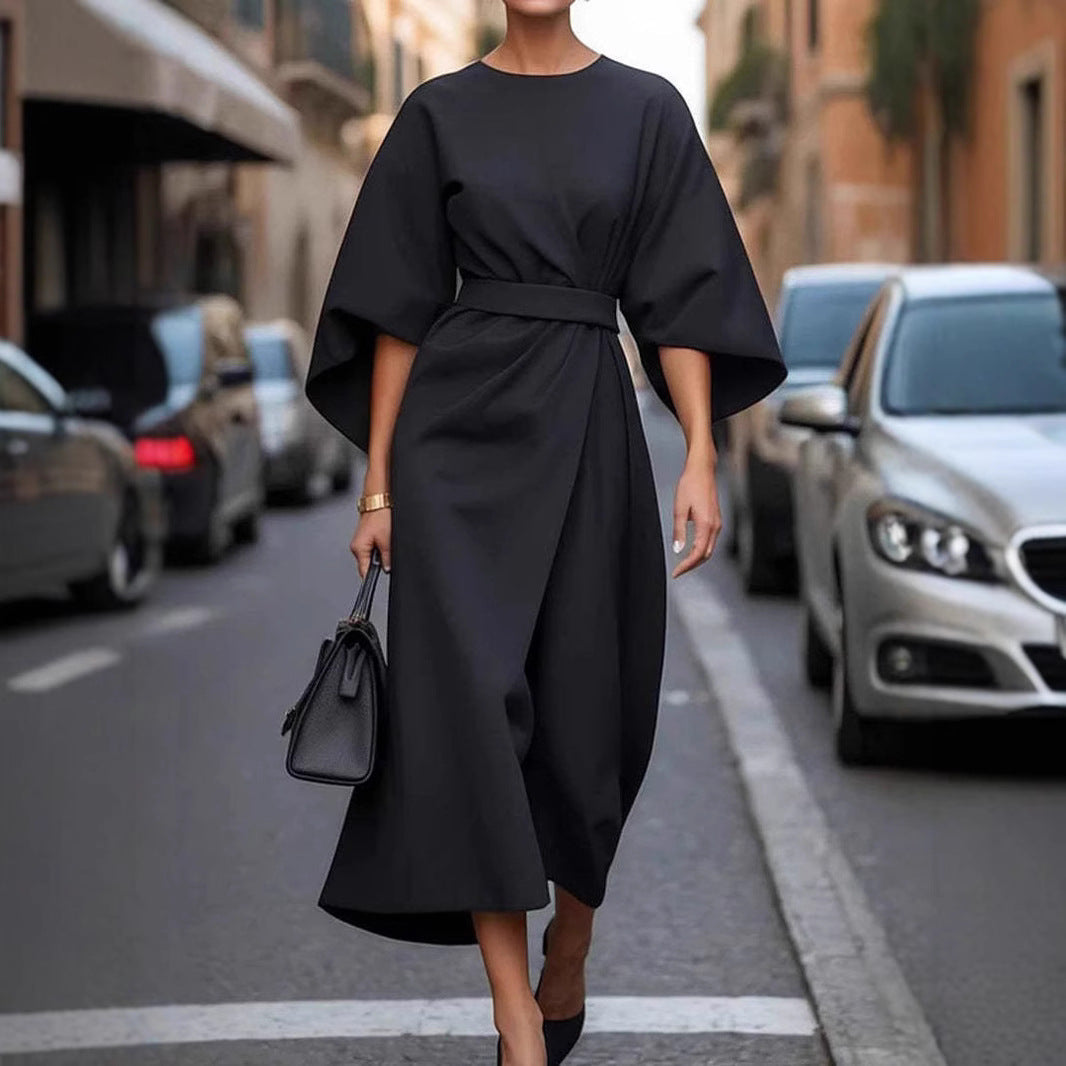 Loose batwing sleeve dress in street hipster style with belt, black color, polyester fabric.