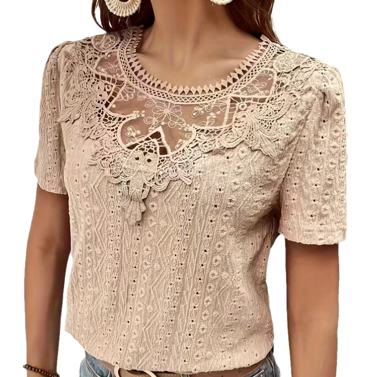 Women's Hollow Round Neck Lace Short Sleeve