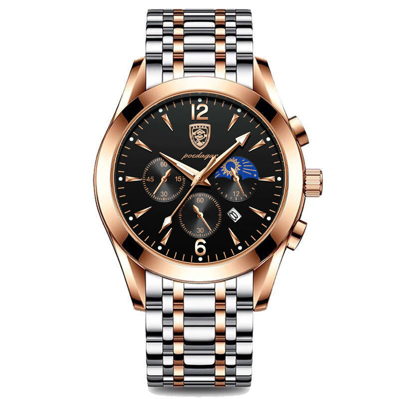 Waterproof luminous men's watch with rose gold and silver steel strap, black dial.