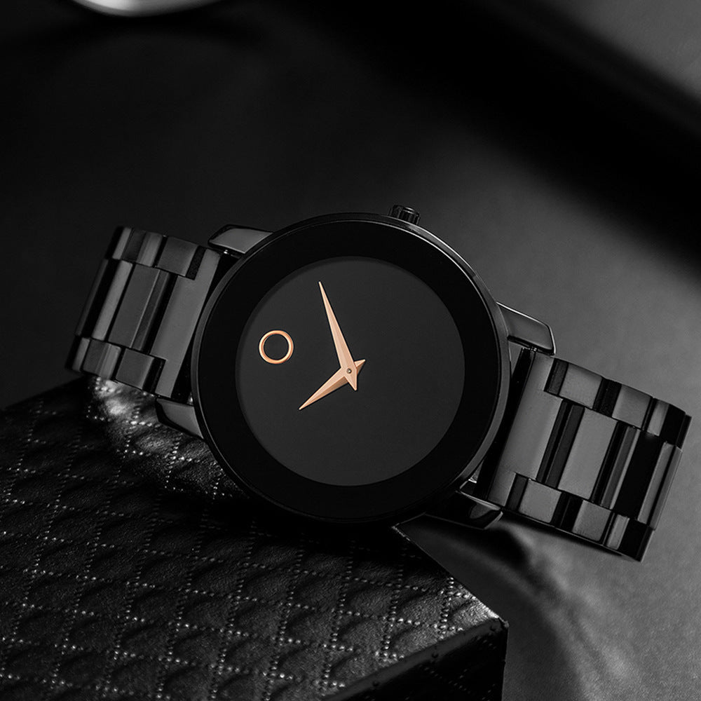 Ultra-thin black men's quartz watch with stainless steel band on black background.