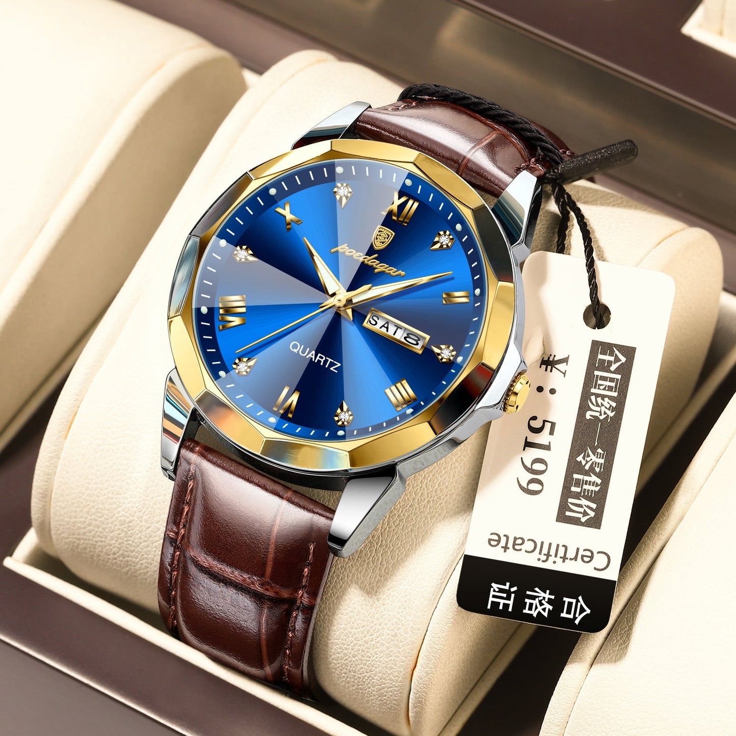 Men's waterproof luminous fashion quartz watch with gold and blue round dial, brown leather strap.