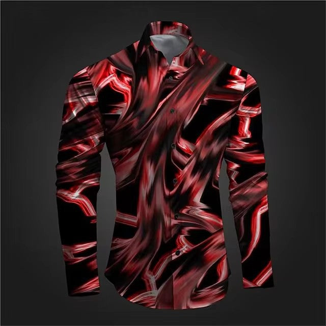 Fashion casual vintage long sleeve shirt in vibrant abstract pattern.