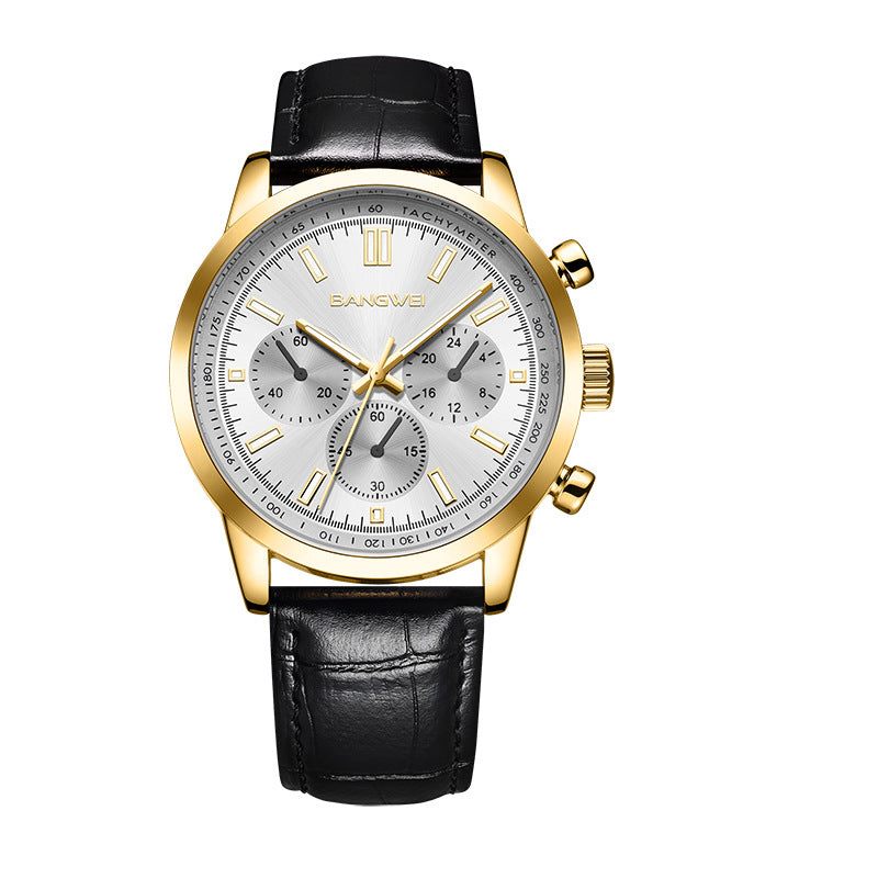 Multifunctional waterproof luminous watch with a black leather strap and golden case, featuring a round dial.