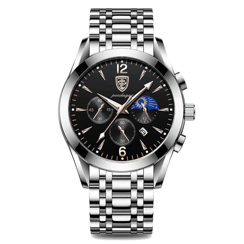 Waterproof luminous men's watch with black surface and silver steel belt.
