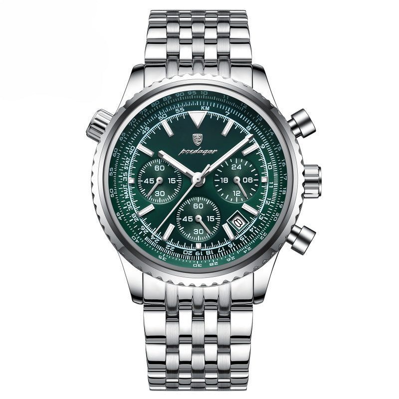 Men's waterproof multifunction green dial watch with silver stainless steel strap.