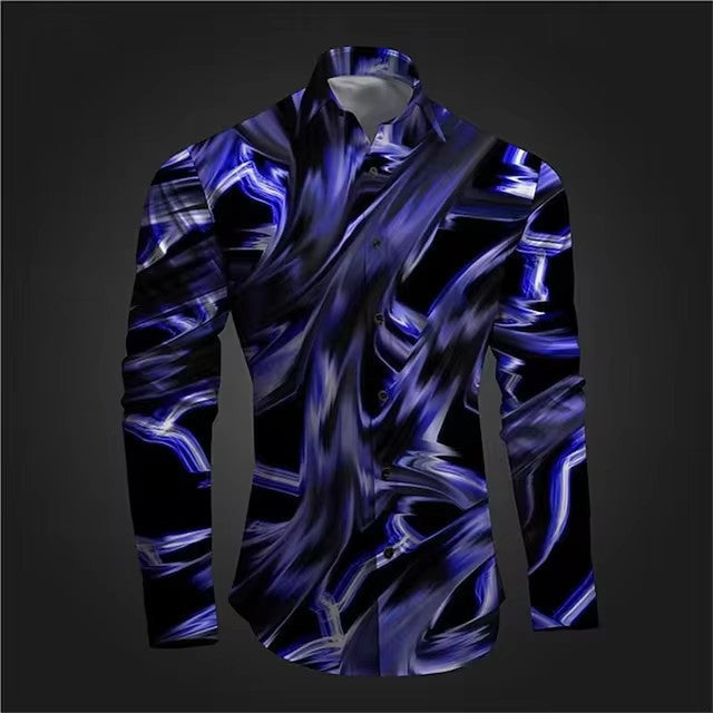 Fashion casual vintage long sleeve shirt in black and blue abstract pattern.
