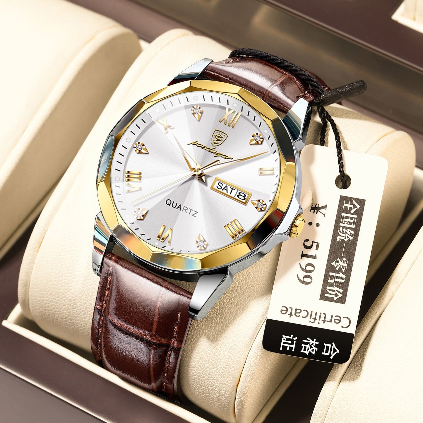 Men's waterproof luminous fashion quartz watch with leather strap and gold-accented dial.
