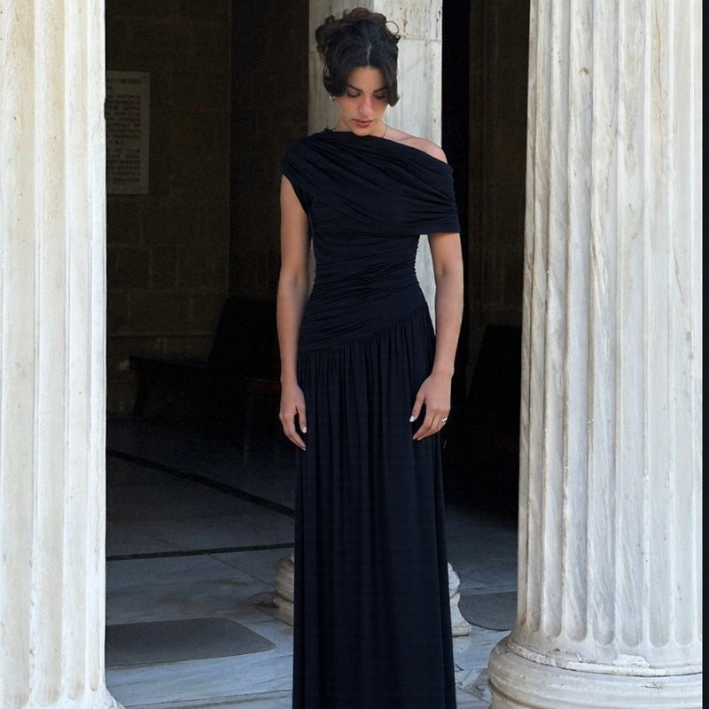 Fashion Sexy Diagonal Collar Pleated Irregular Solid Color Dress - Swefashionstore