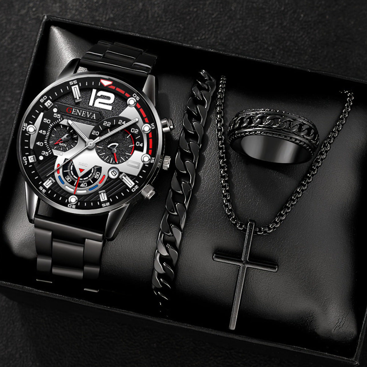 Men's Temperament Business Watch with bracelet, necklace, and ring in black.