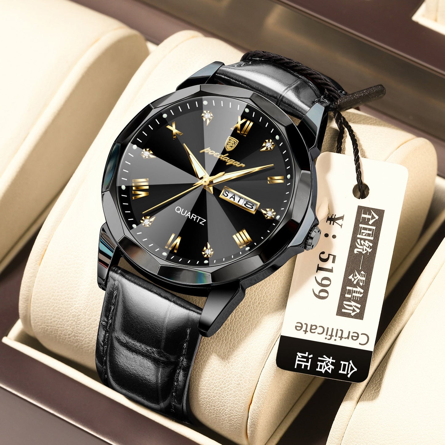 Men's waterproof luminous quartz watch with black dial and genuine leather strap.