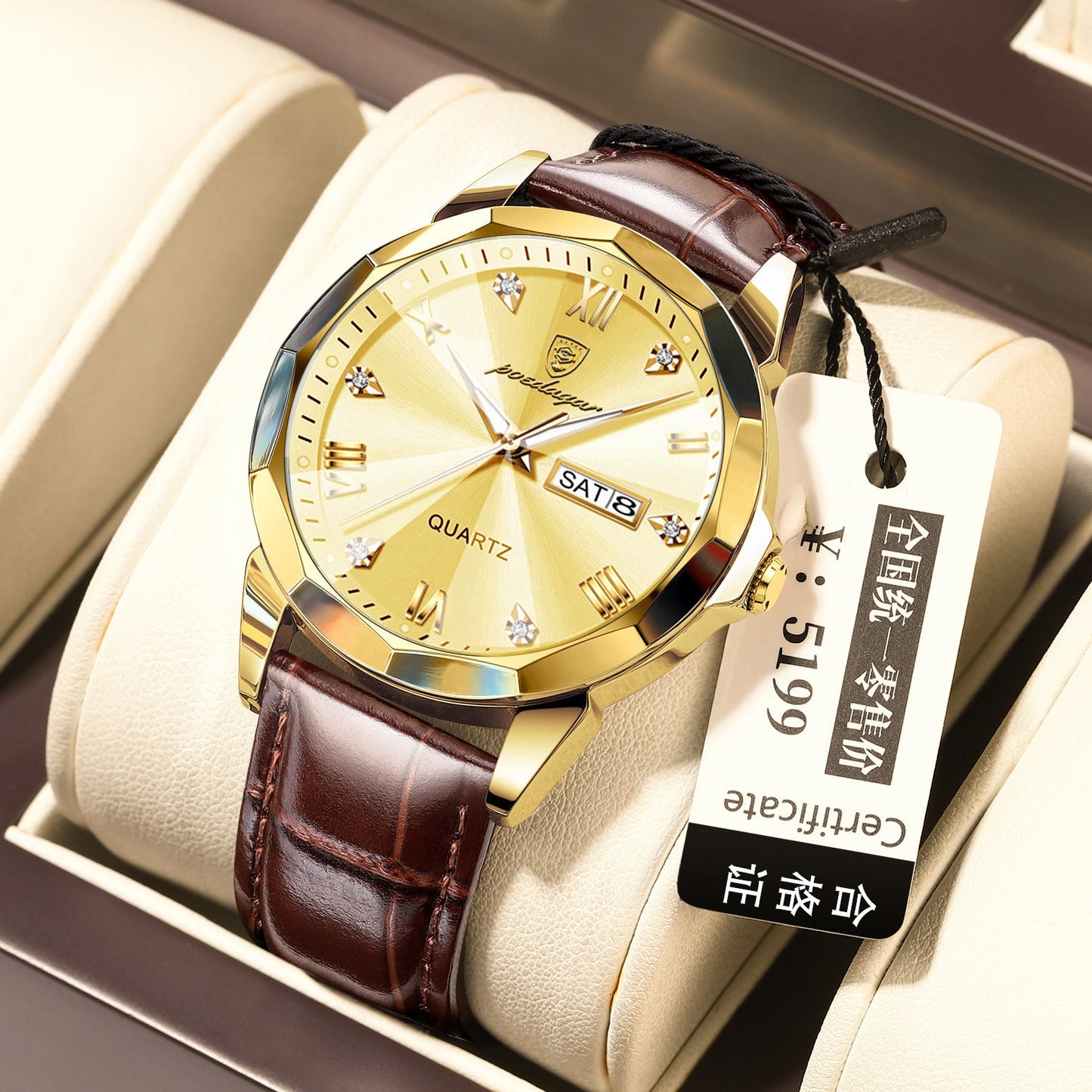Men's waterproof luminous fashion quartz watch with gold dial and brown leather strap.