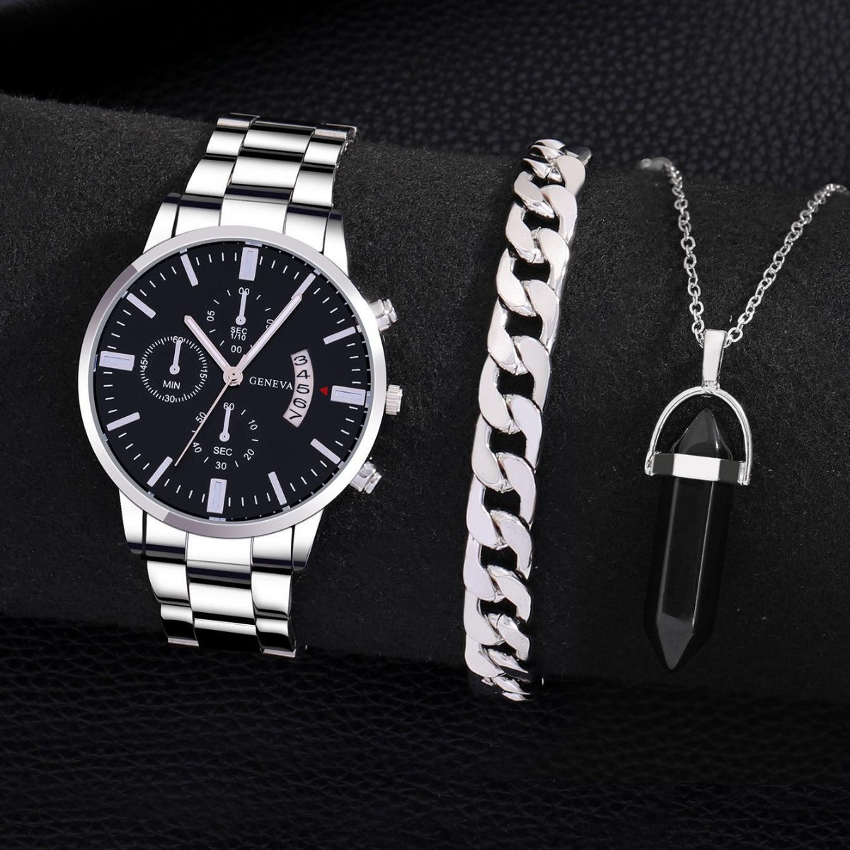 Silver calendar steel watch set with black dial, bracelet, and necklace, featuring quartz movement.