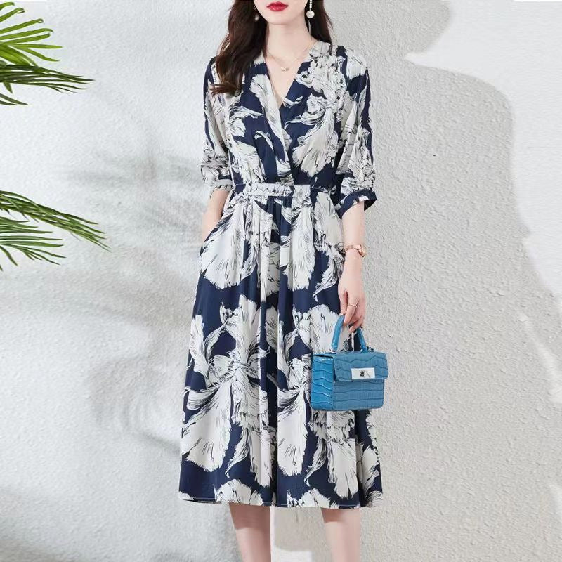 NEW Waist-controlled Lace-up 34 Sleeve V-neck Printed Skirt