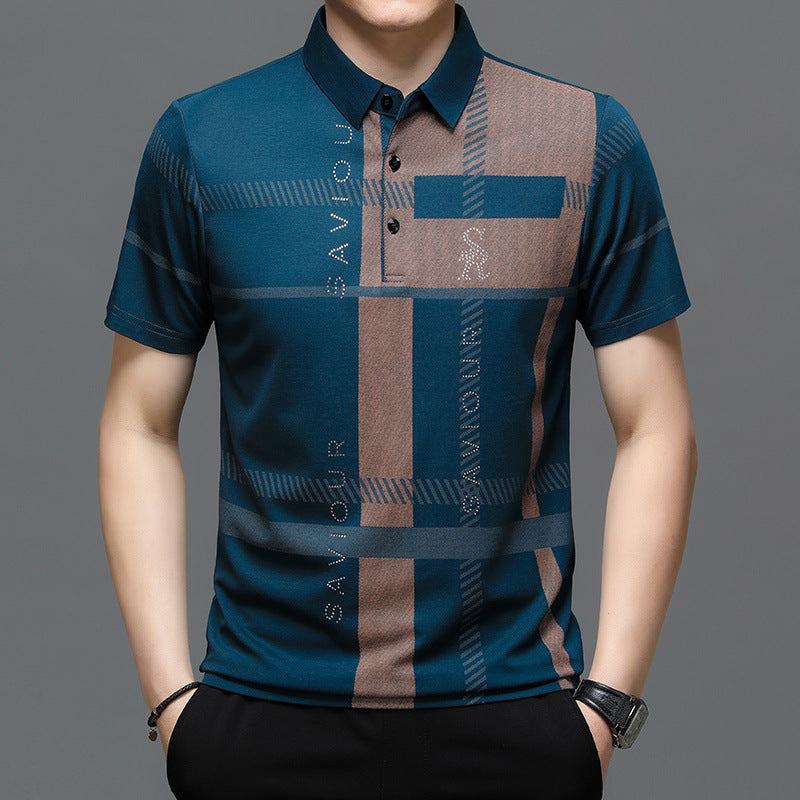 Fashionable stylish polo shirt with lapel, fleece-lined cotton, casual wear, short sleeves, navy blue.