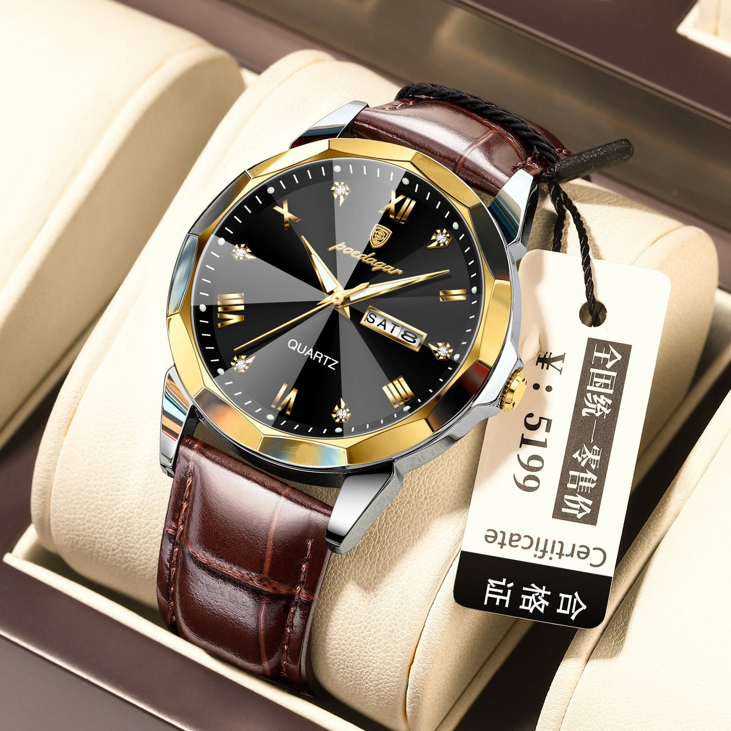 Men's waterproof luminous fashion quartz watch with leather strap and black dial.