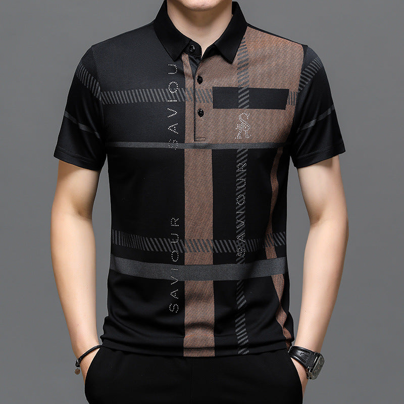 Polo shirt with a fashionable lapel, fleece-lined, cotton fabric, casual style, in black with brown accents.
