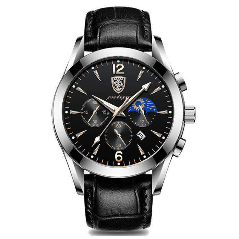 Waterproof luminous men's watch with black leather strap and black dial.