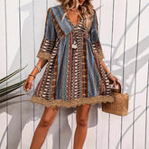 Bohemian Style V-neck Printed Casual Loose Dress - Swefashionstore