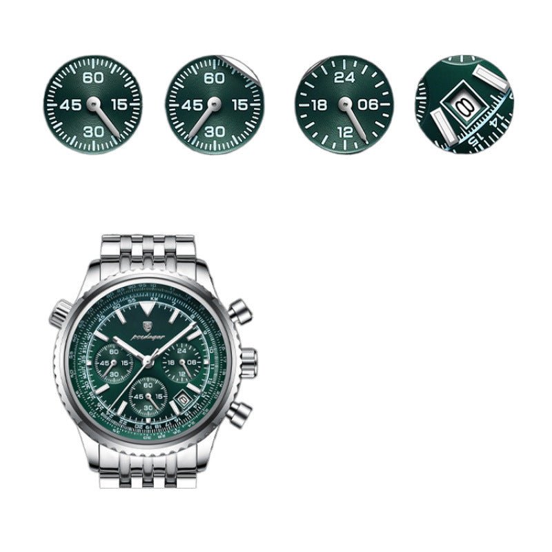 Men's waterproof multi-function timing watch with green dial and silver steel strap.