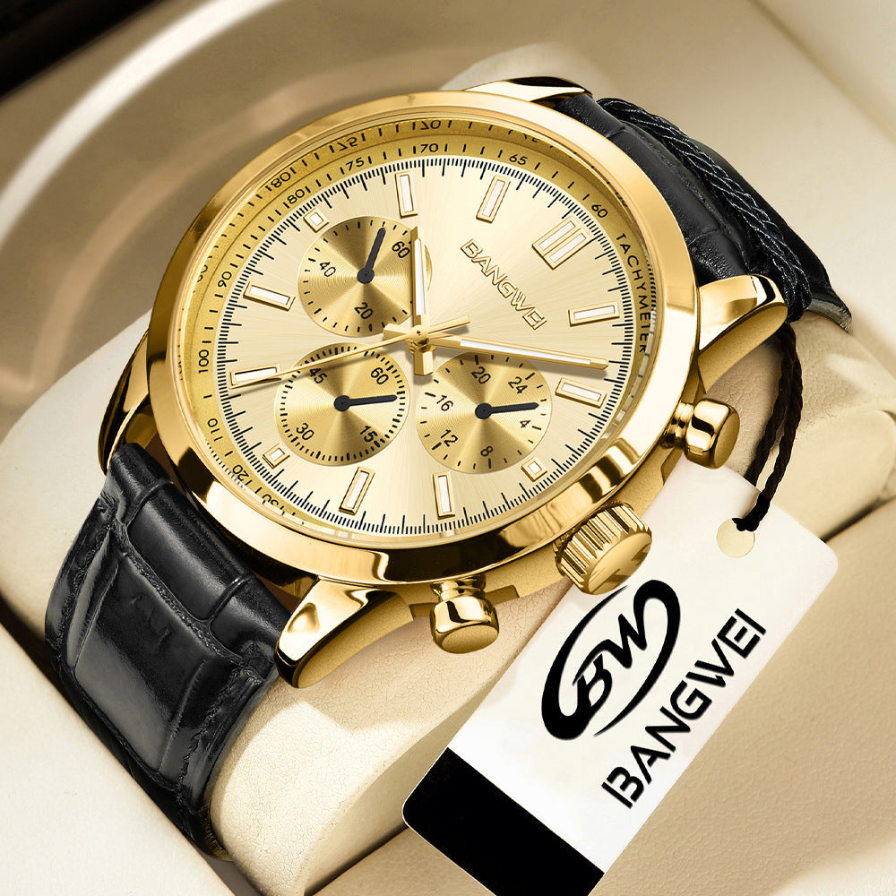 Multifunctional waterproof luminous watch with a gold round dial and black leather strap.