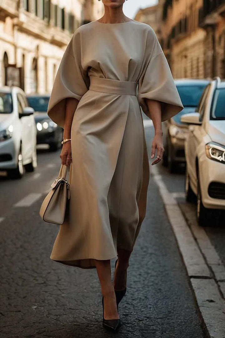Loose batwing sleeve dress with belt, street hipster style, beige color.