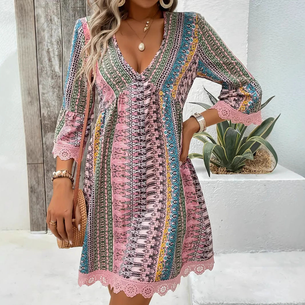 Bohemian Style V-neck Printed Casual Loose Dress - Swefashionstore