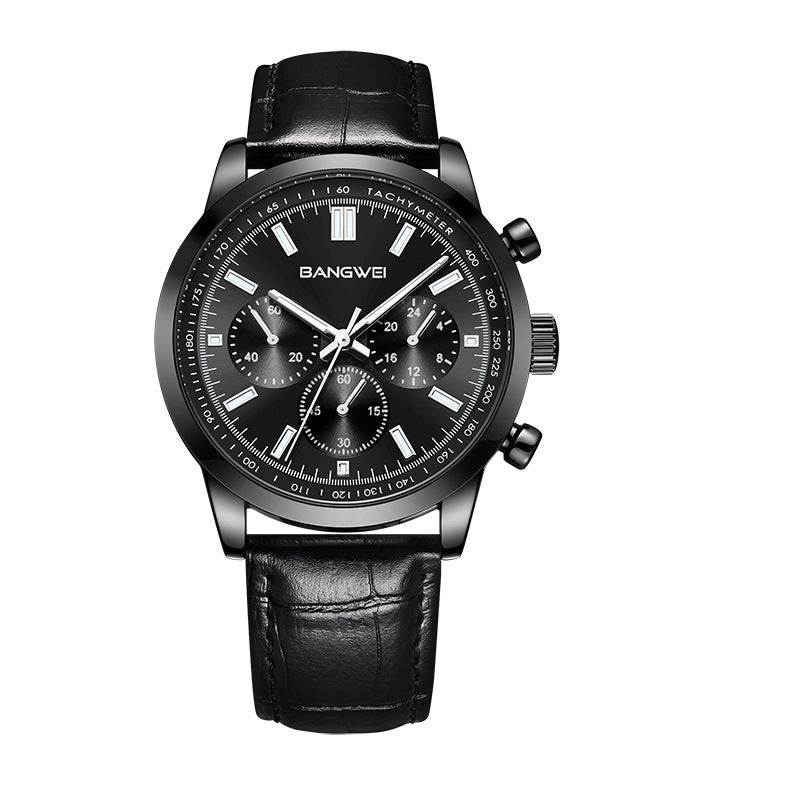 Multifunctional waterproof luminous watch with black and golden design, stainless steel strap, and round zinc alloy case.
