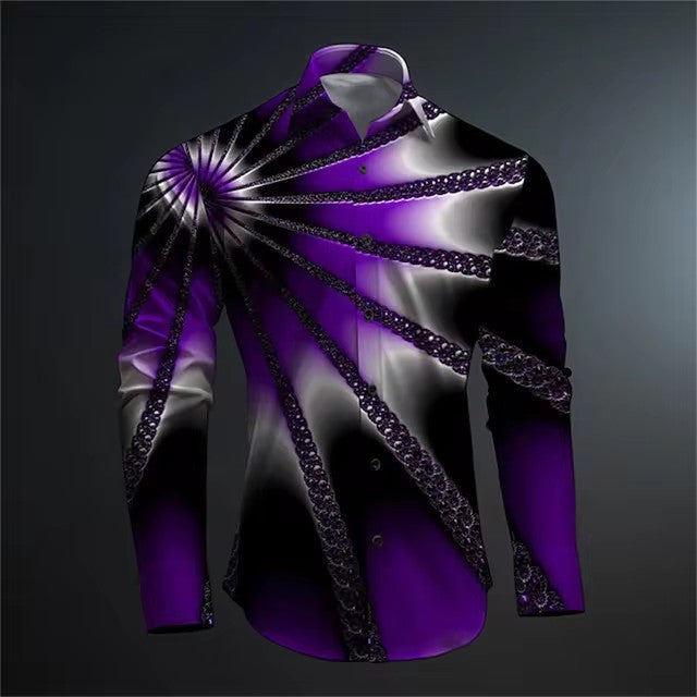 Fashion casual vintage long sleeve shirt with abstract purple design.