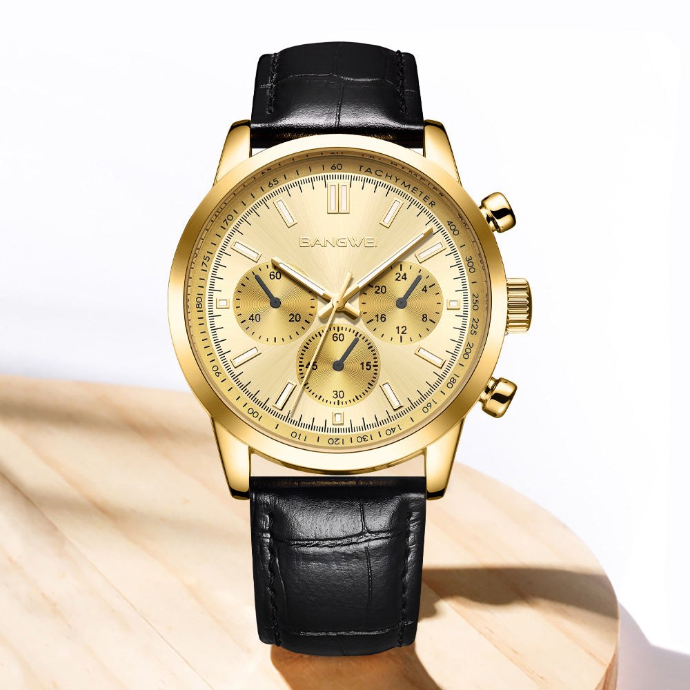 Multifunctional waterproof luminous watch with gold dial and black leather strap.